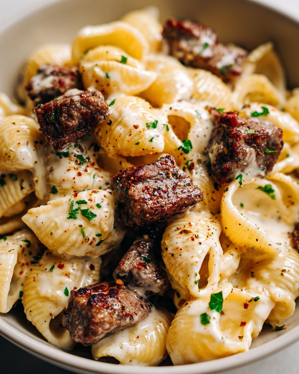 Close-up of delicious Steak Bites Alfredo with shell pasta, garnished with parsley and red pepper flakes.
