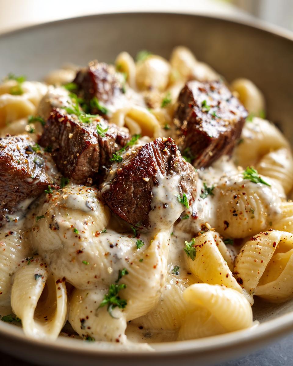 Close-up of juicy steak bites served over creamy Alfredo shell pasta, garnished with parsley.