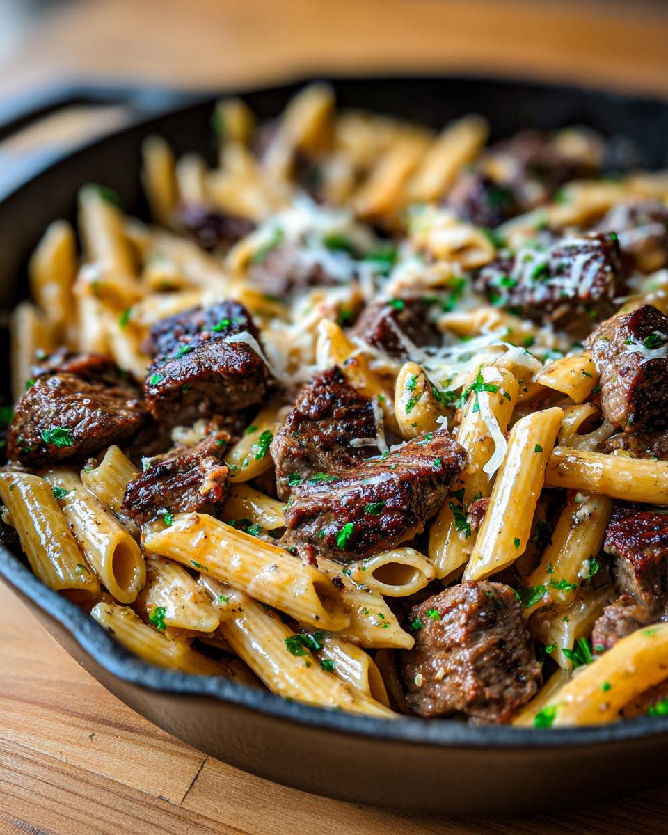 Close-up of a cast iron skillet filled with garlic butter steak bites pasta, garnished with parsley and cheese.