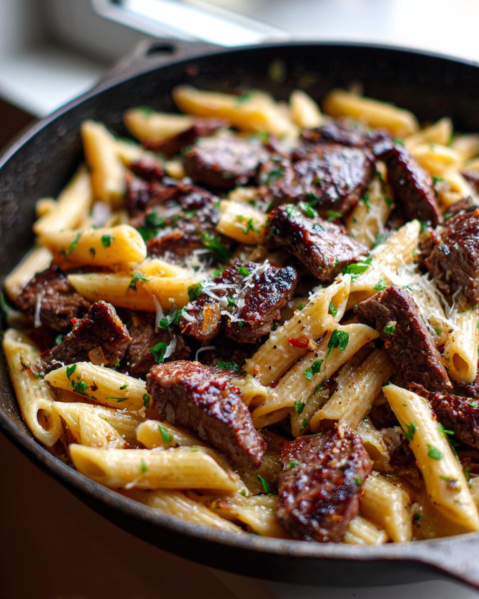 Close-up of a skillet filled with garlic butter steak bites pasta, garnished with parsley and parmesan.