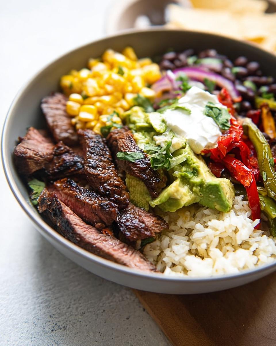 A close-up of a delicious Steak Fajita Bowl with Garlic Lime Rice, featuring sliced steak, corn, avocado, black beans, and peppers.