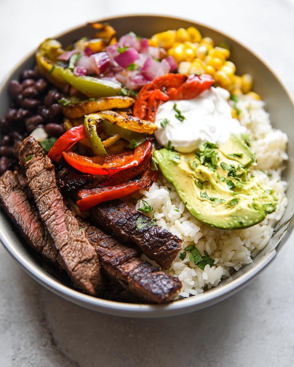 A delicious bowl of Steak Fajita Bowls with Garlic Lime Rice, featuring sliced steak, peppers, onions, corn, beans, avocado, and rice.