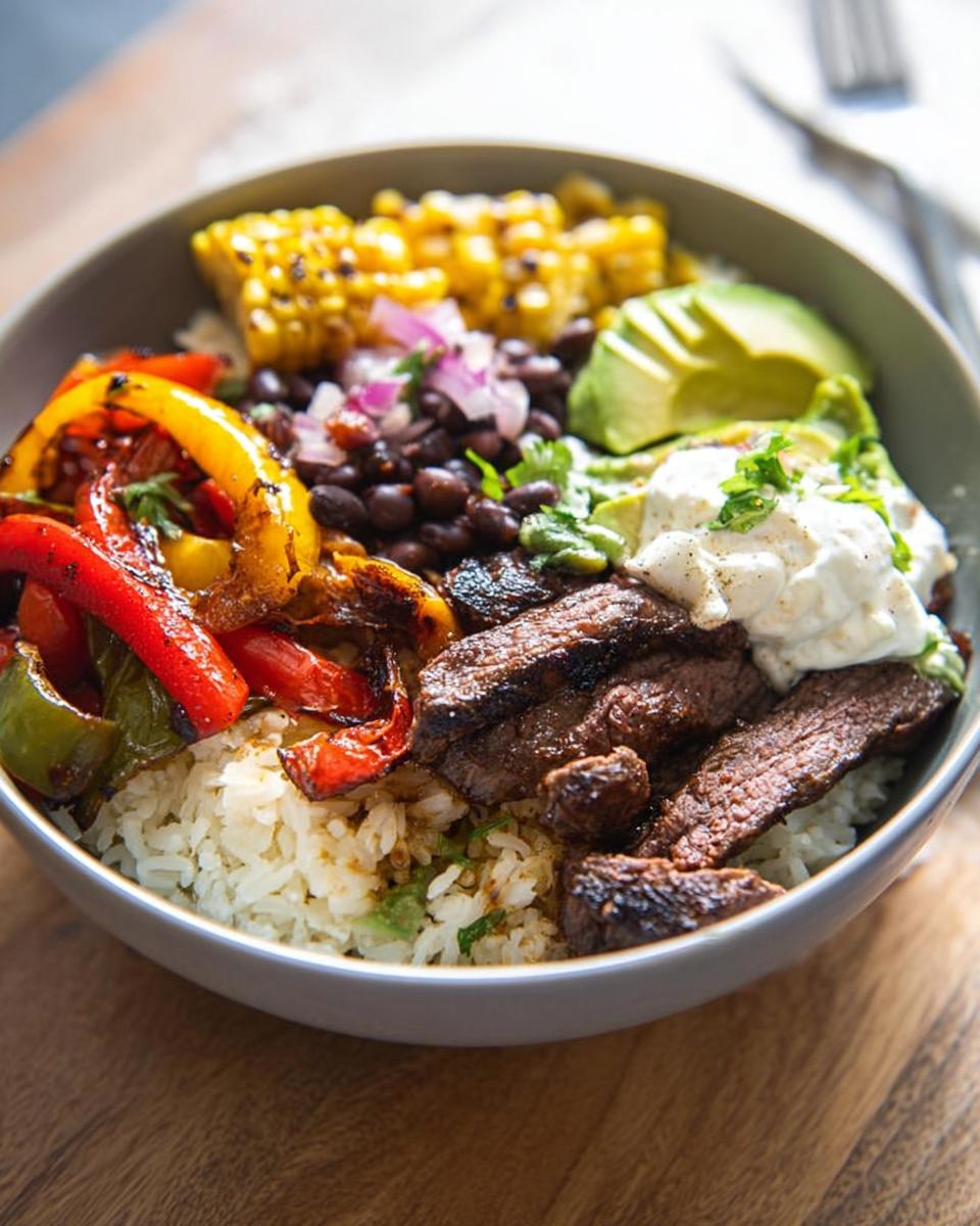 A vibrant bowl of Steak Fajita Bowls with Garlic Lime Rice, featuring sliced steak, bell peppers, black beans, corn, avocado, and a dollop of sour cream.
