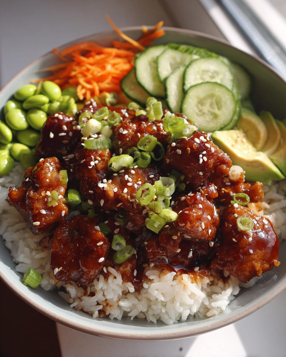Close-up of a Sticky Asian Chicken Poke Bowl with rice, edamame, cucumber, shredded carrots, and avocado.