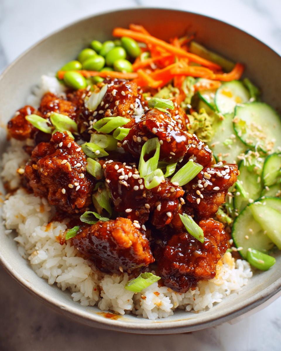 Close-up of a Sticky Asian Chicken Poke Bowl Easy Rice Bowl with glazed chicken, rice, edamame, cucumber, and carrots.