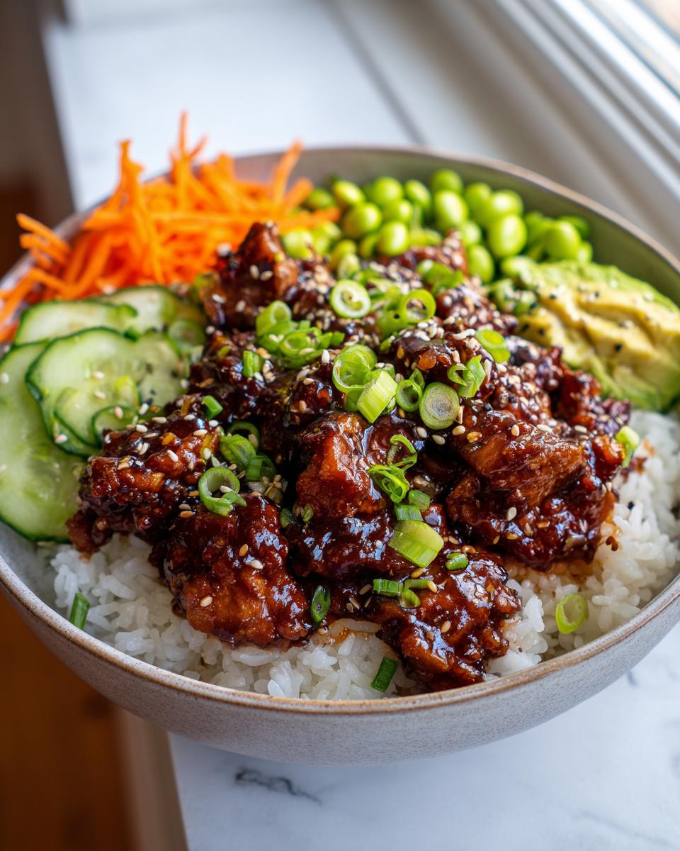 Close-up of a Sticky Asian Chicken Poke Bowl Easy Rice Bowl, featuring glazed chicken, rice, edamame, cucumber, avocado, and carrots.