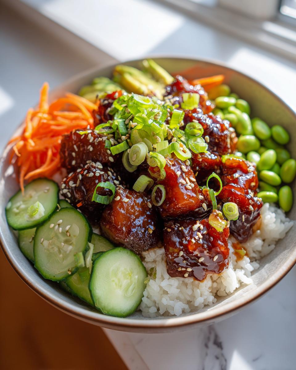 A delicious bowl of sticky chicken poke with rice, cucumber, avocado, carrots, and edamame.