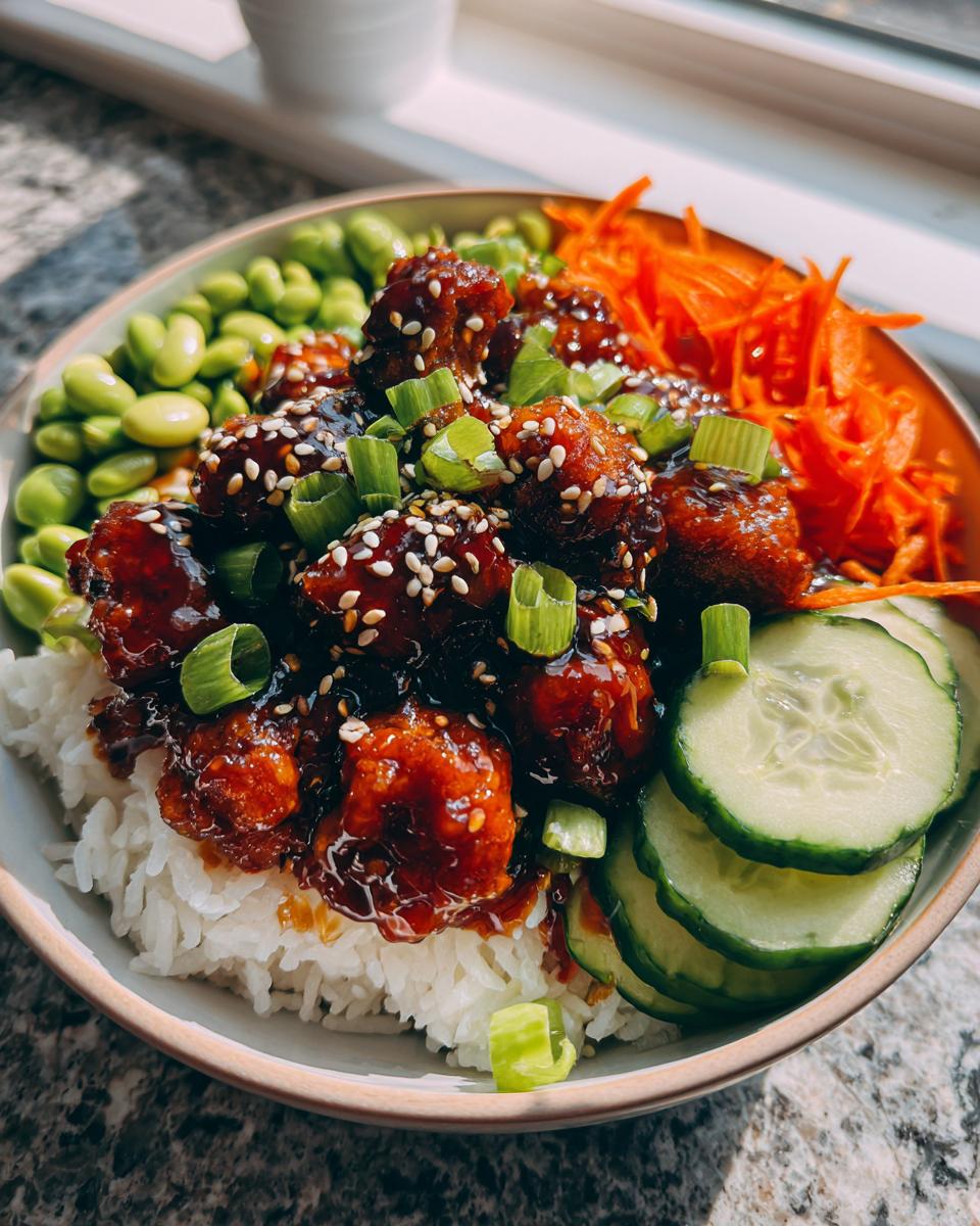 Close-up of Easy Sticky Chicken Poke Bowls with rice, edamame, shredded carrots, cucumber slices, and sesame seeds.