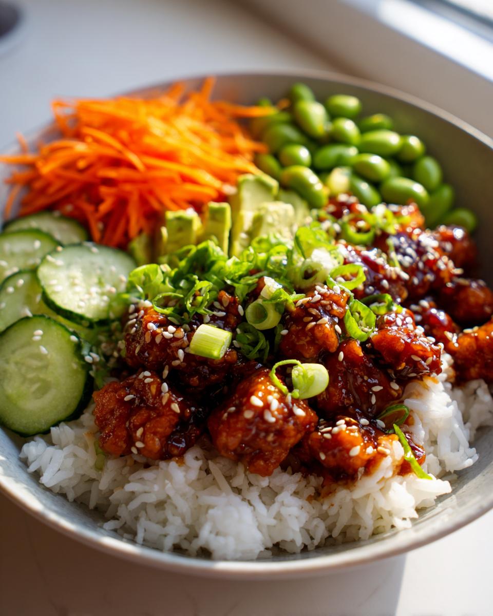 A close-up of a delicious Sticky Sesame Chicken Poke Bowl with rice, topped with fresh vegetables and sesame seeds.