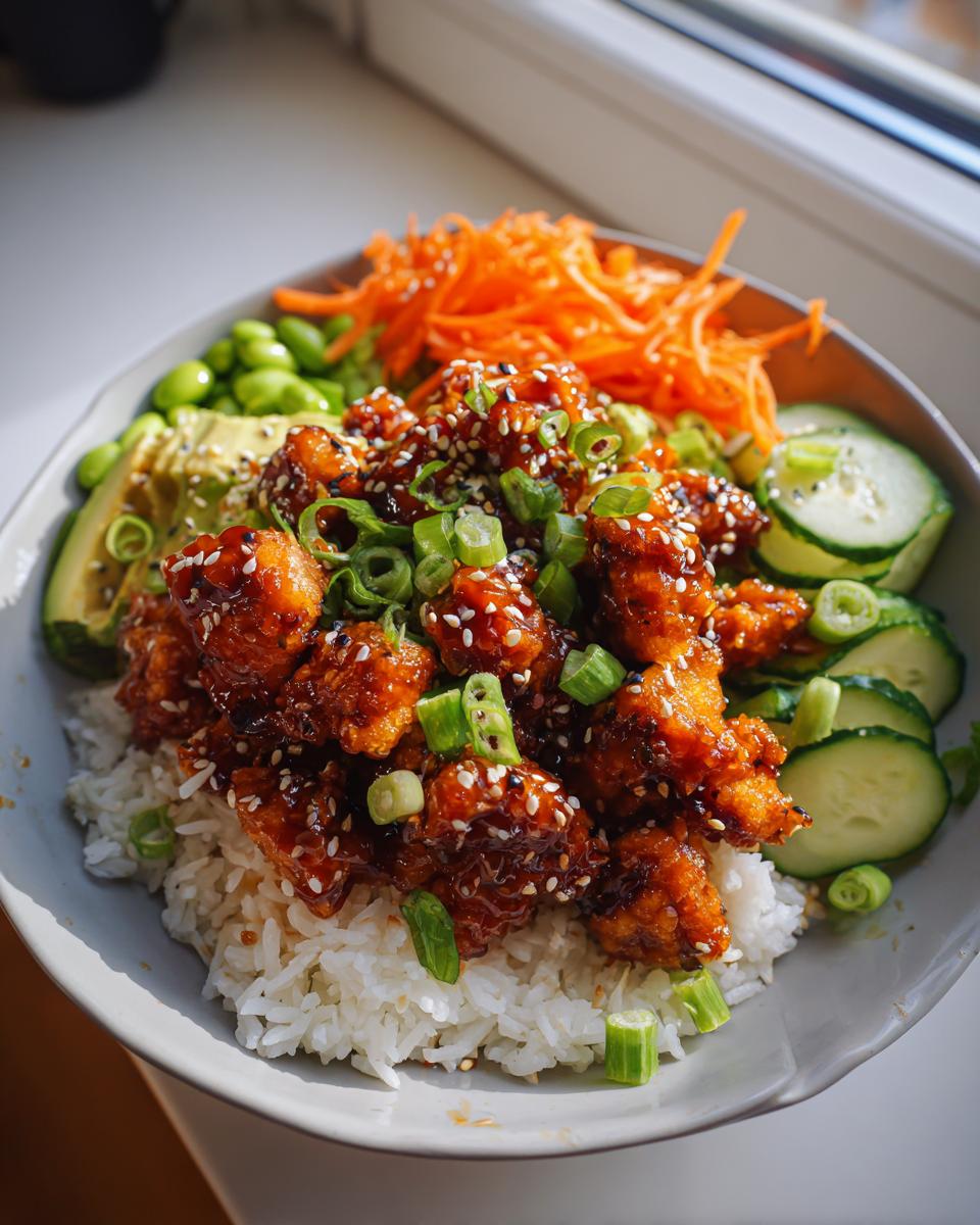 A delicious Sticky Sesame Chicken Poke Bowl with rice, topped with fresh avocado, cucumber, edamame, and shredded carrots.