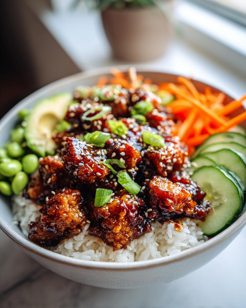 A close-up of a delicious Sticky Sesame Chicken Poke Bowl with rice, edamame, avocado, shredded carrots, and cucumber.