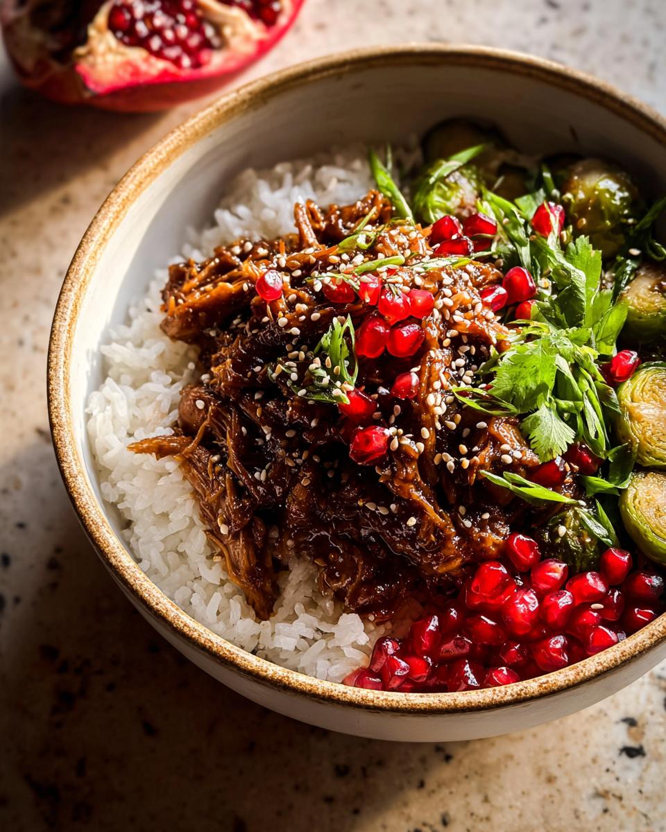 Sticky Sesame Ginger Chicken: Easy Crockpot Magic 5 A bowl of Sticky Sesame Ginger Chicken Crockpot Recipe served over rice with Brussels sprouts and pomegranate seeds.