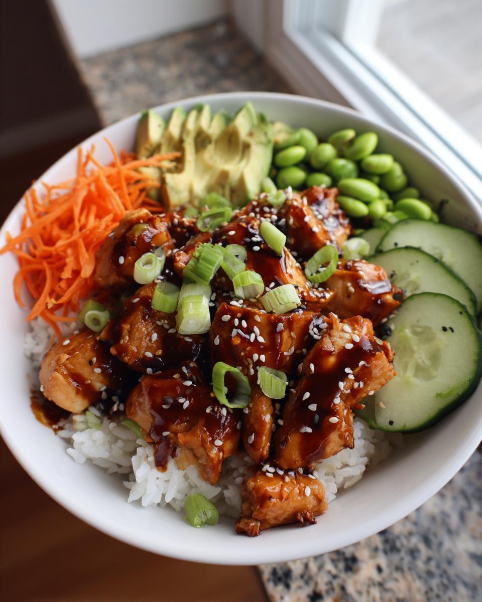 A close-up of a delicious Sticky Teriyaki Chicken Poke Bowl with rice, avocado, edamame, cucumber, and shredded carrots.