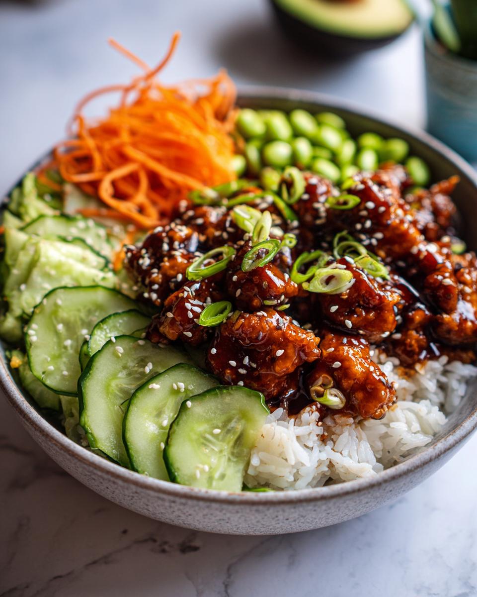 A close-up of a Sticky Teriyaki Chicken Poke Bowl Easy Dinner, featuring glazed chicken, rice, cucumber, shredded carrots, and edamame.