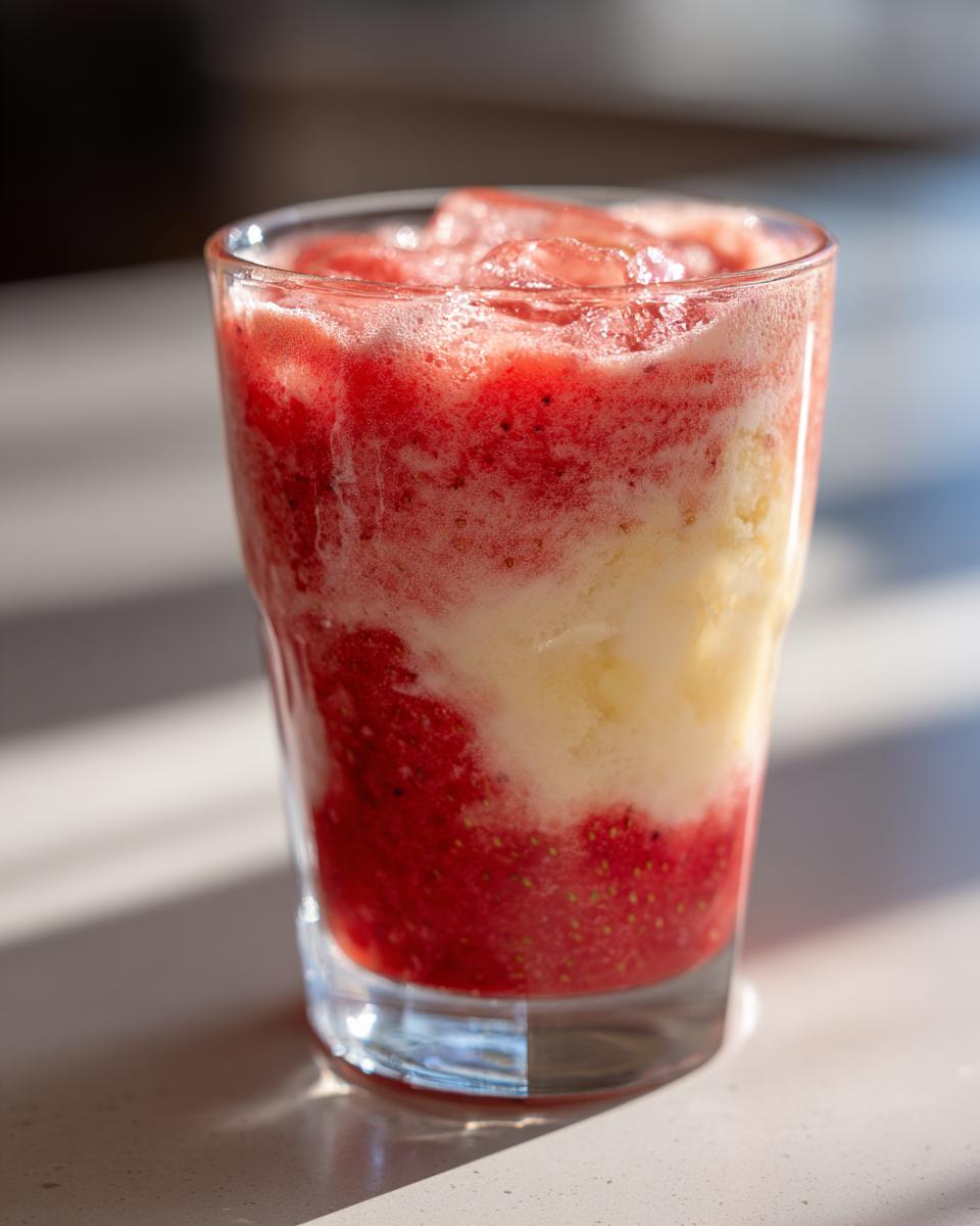 A close-up of a layered Strawberry Colada Smoothie in a glass, with red strawberry and creamy yellow layers, topped with ice and foam.