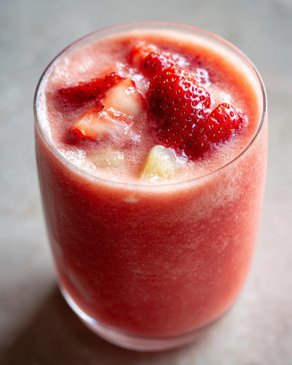 Close-up of a vibrant Strawberry Colada Smoothie topped with fresh strawberry slices and pineapple chunks.
