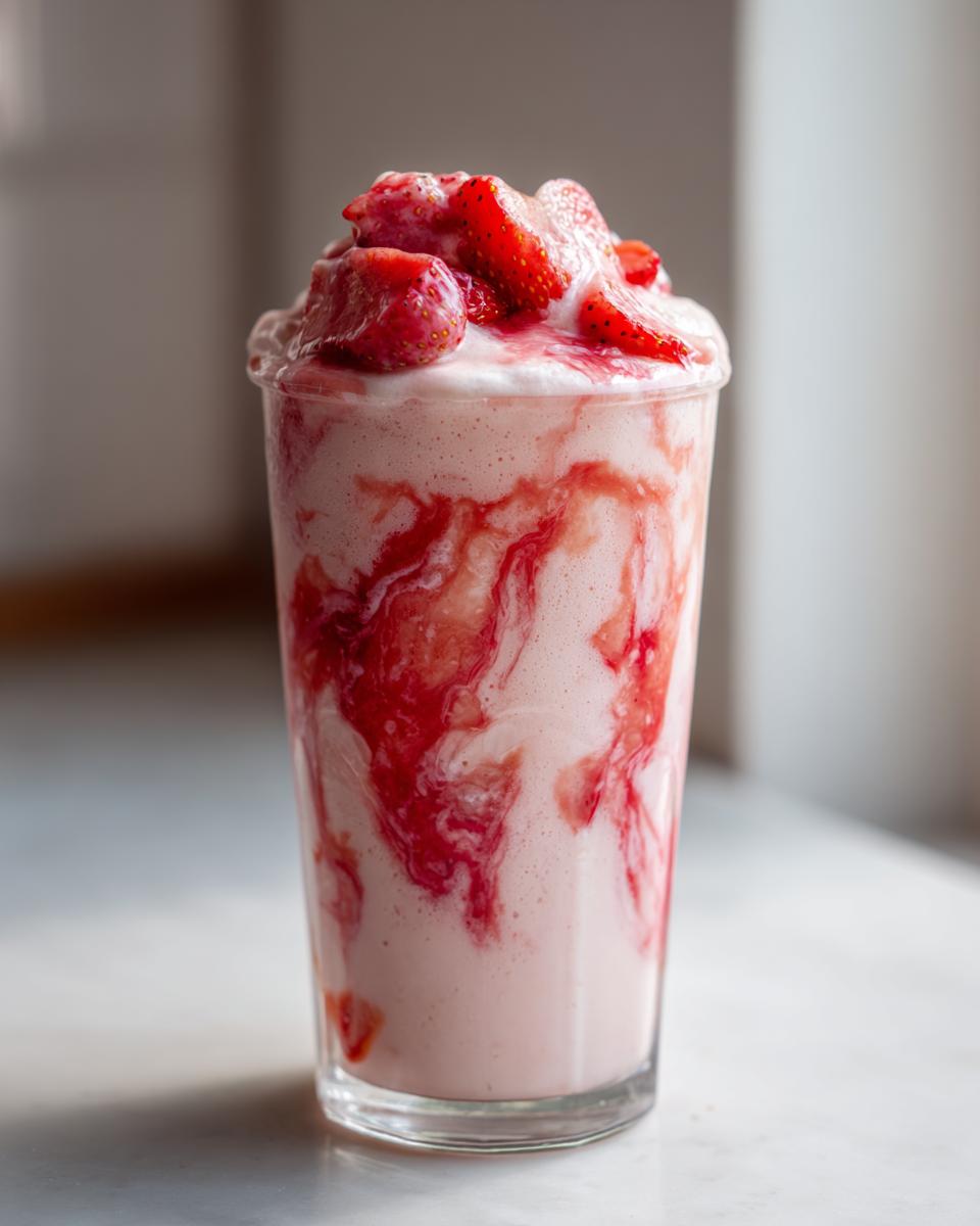 A tall glass filled with a creamy Strawberry Glaze Smoothie, topped with fresh strawberries and swirls of strawberry sauce.