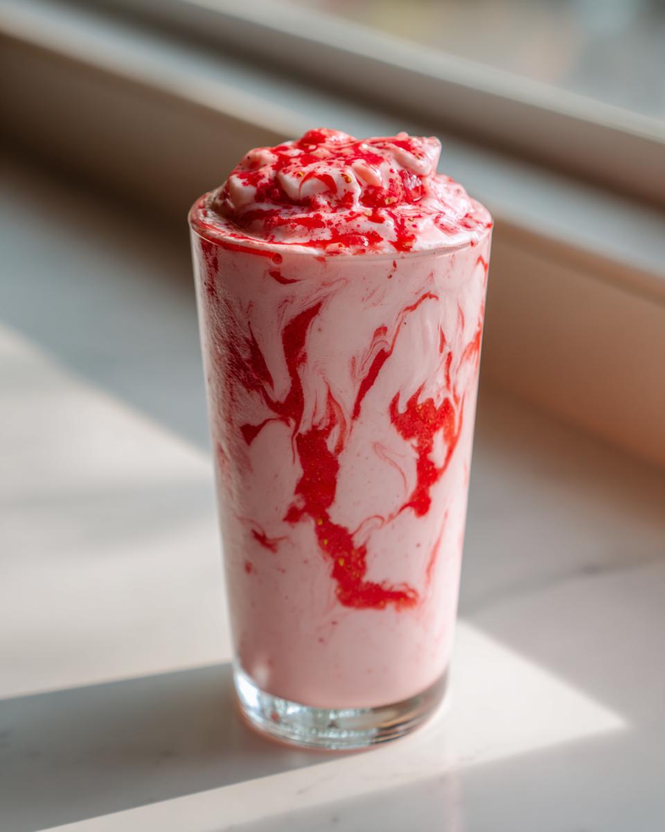 A tall glass filled with a creamy Strawberry Glaze Smoothie, swirled with vibrant red strawberry sauce.