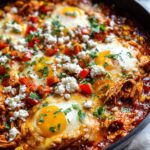 Close-up of a Street Corn Chicken Enchilada Skillet with baked eggs, crumbled feta, diced tomatoes, and cilantro.