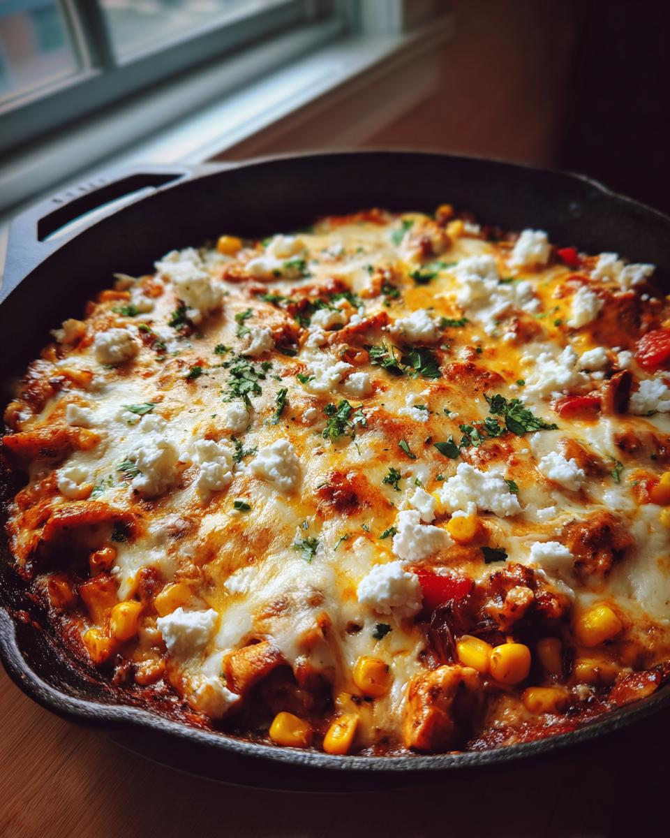 Close-up of a bubbling Street Corn Chicken Enchilada Skillet in a cast-iron pan, topped with melted cheese and crumbled feta.