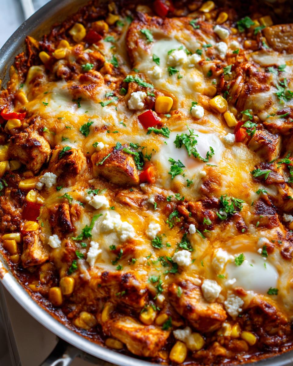 Close-up of a Street Corn Chicken Enchilada Skillet with melted cheese, corn, chicken, and eggs.