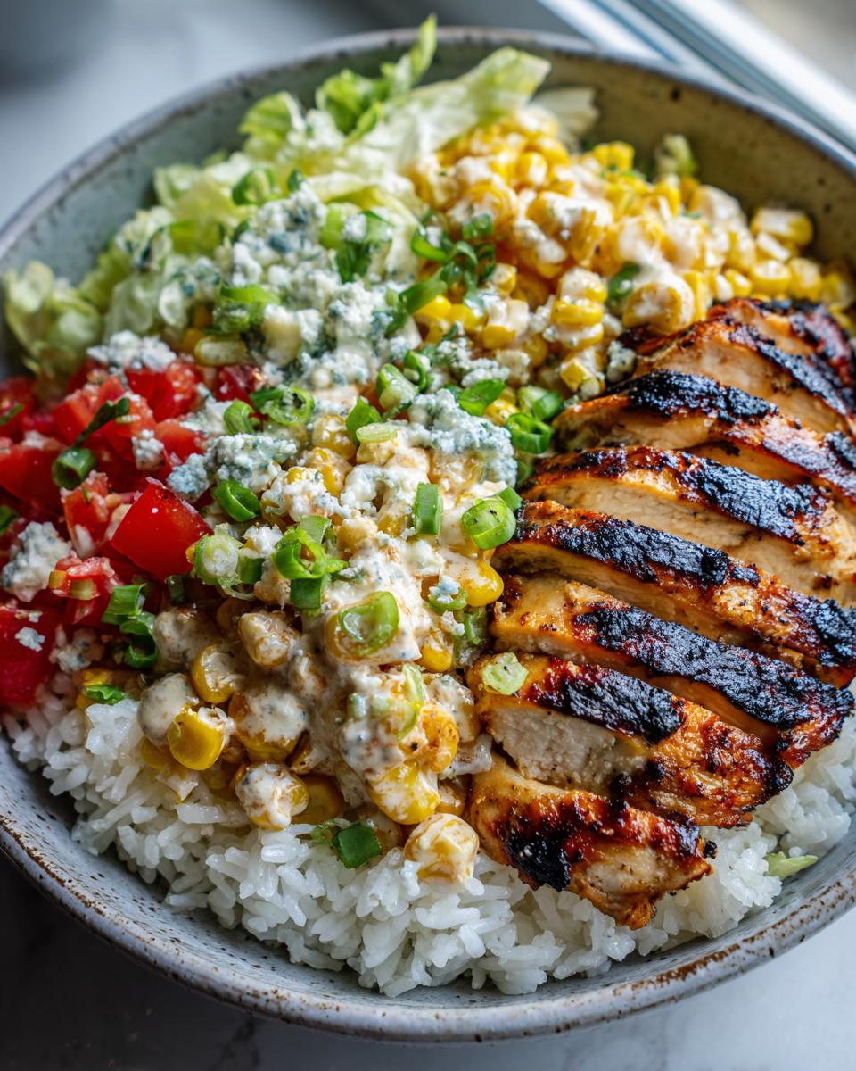 A close-up of a Street Corn Chicken Rice Bowl featuring grilled chicken, rice, corn, tomatoes, lettuce, and blue cheese.