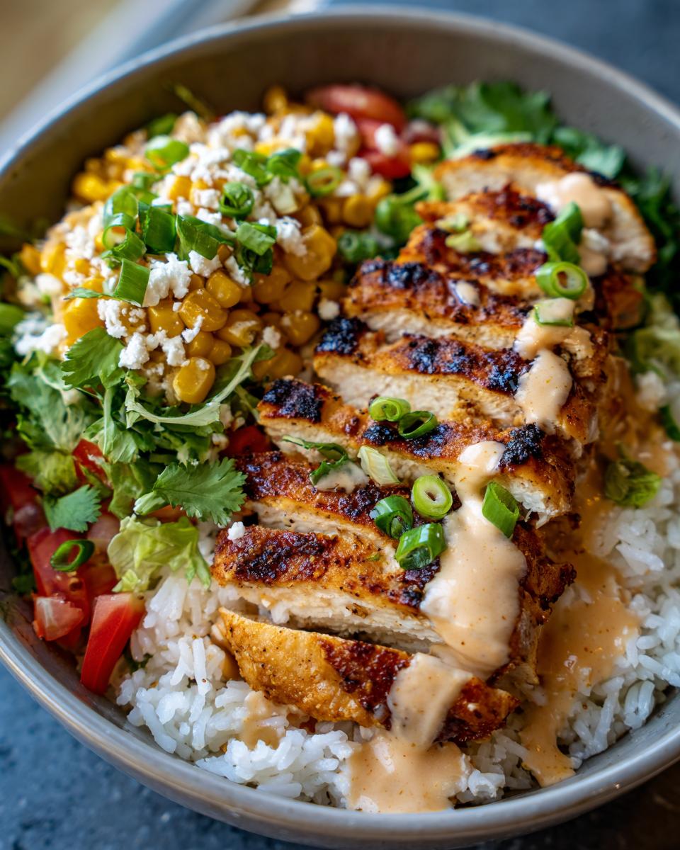 Close-up of a Street Corn Chicken Rice Bowl with grilled chicken, rice, corn, tomatoes, and a creamy sauce.