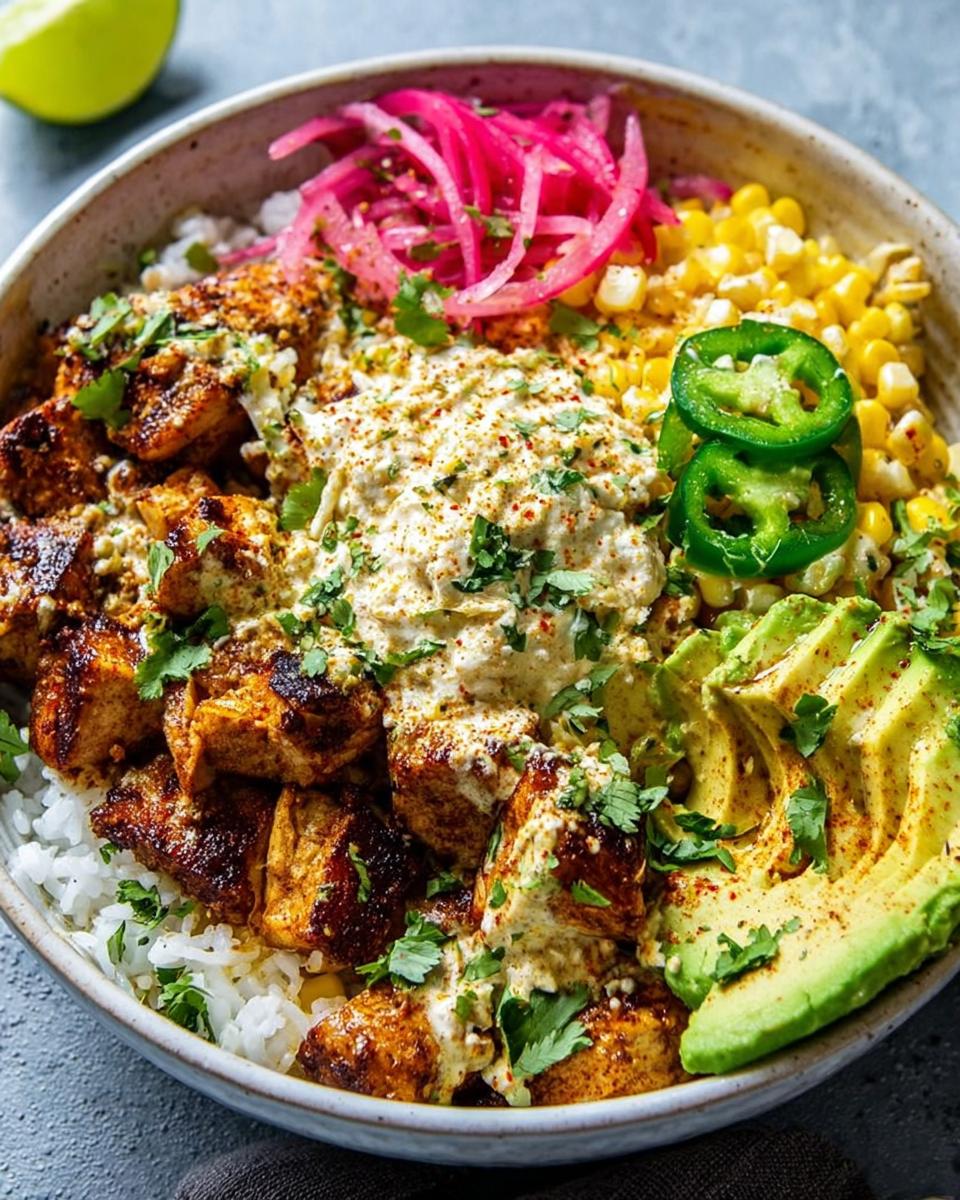 Savory Street Corn Chicken Rice Bowls: 30 Min Meal 4 Close-up of Street Corn Chicken Rice Bowls featuring seasoned chicken, rice, corn, avocado, pickled red onions, and jalapenos.