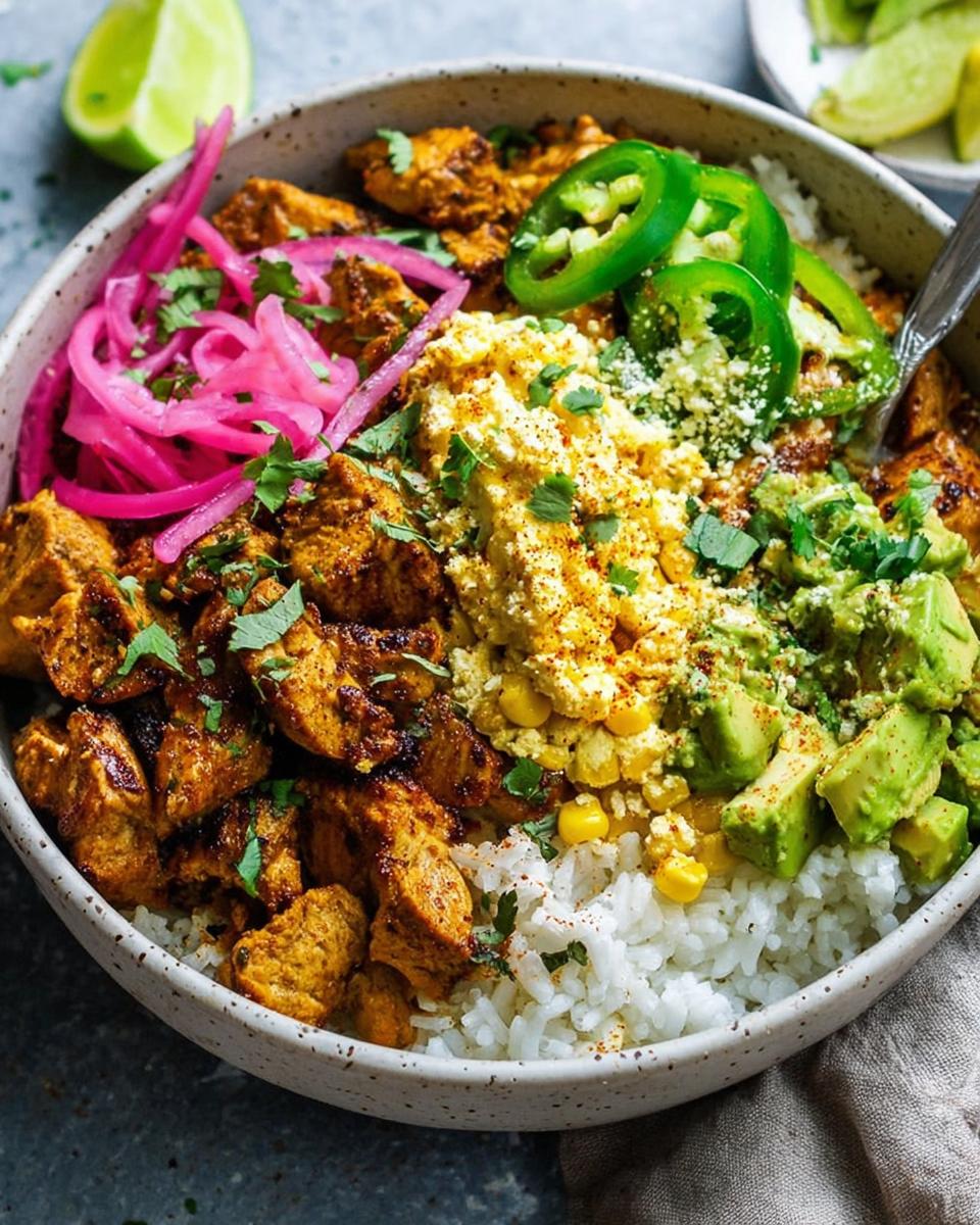 Savory Street Corn Chicken Rice Bowls: 30 Min Meal 5 A vibrant bowl of Street Corn Chicken Rice Bowls featuring seasoned chicken, rice, corn, avocado, pickled onions, and jalapeños.
