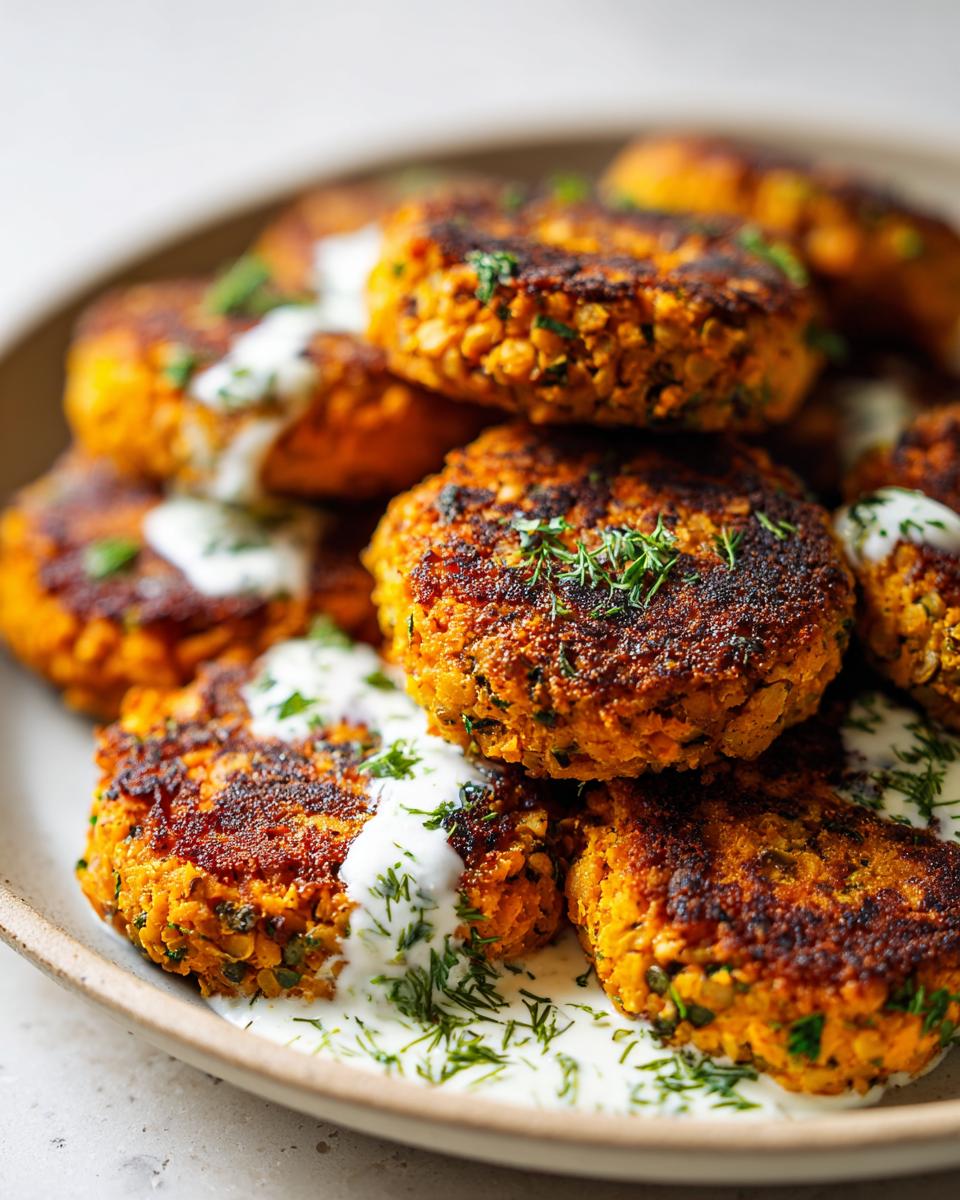 Close-up of a stack of crispy sweet potato lentil patties drizzled with a creamy sauce and fresh herbs.