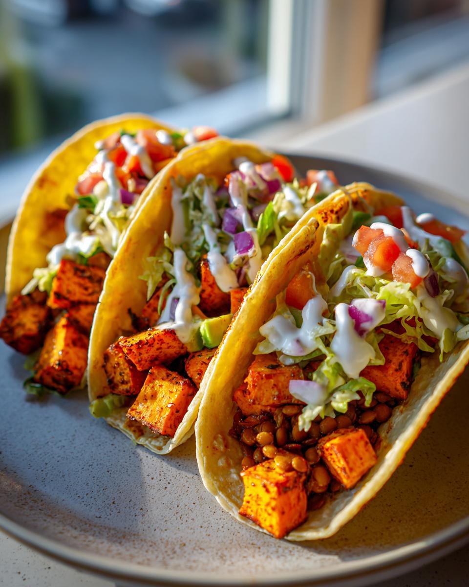 Three delicious Sweet Potato Lentil Tacos filled with roasted sweet potato cubes, lentils, shredded lettuce, diced tomatoes, and a creamy drizzle.