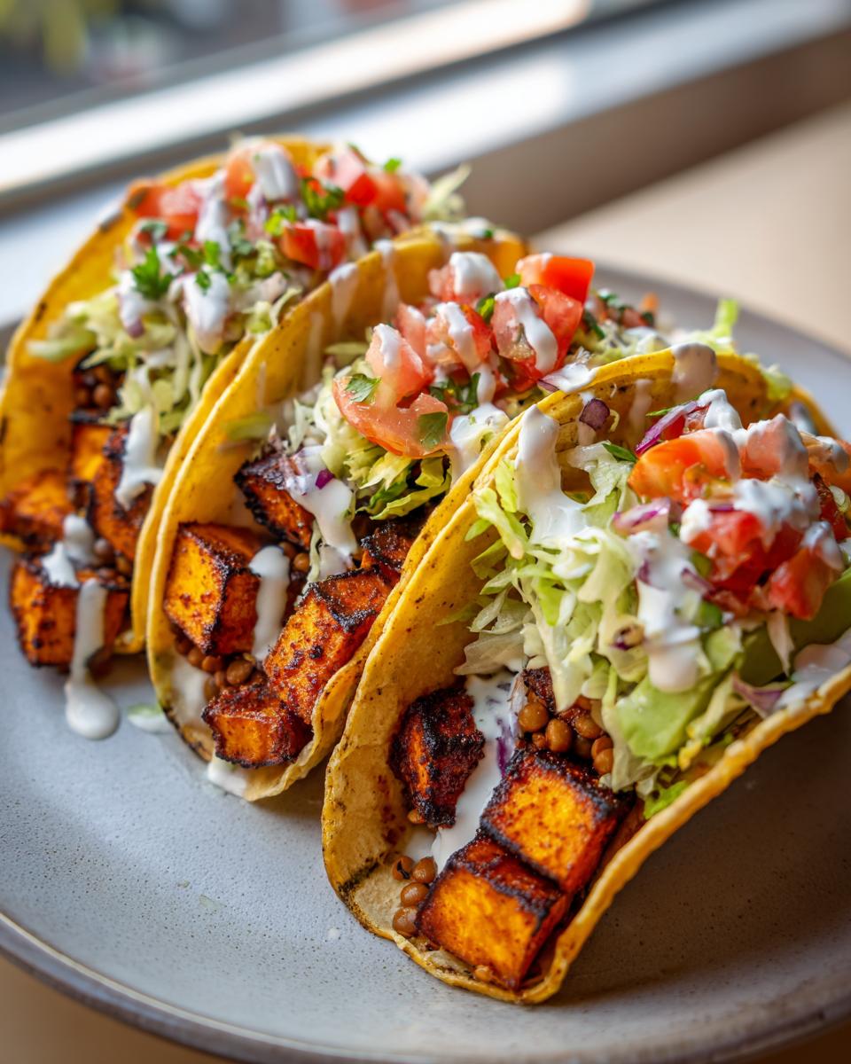 Three Sweet Potato Lentil Tacos: Easy Vegan Dinner filled with roasted sweet potato cubes, lentils, shredded lettuce, tomatoes, and a creamy drizzle.