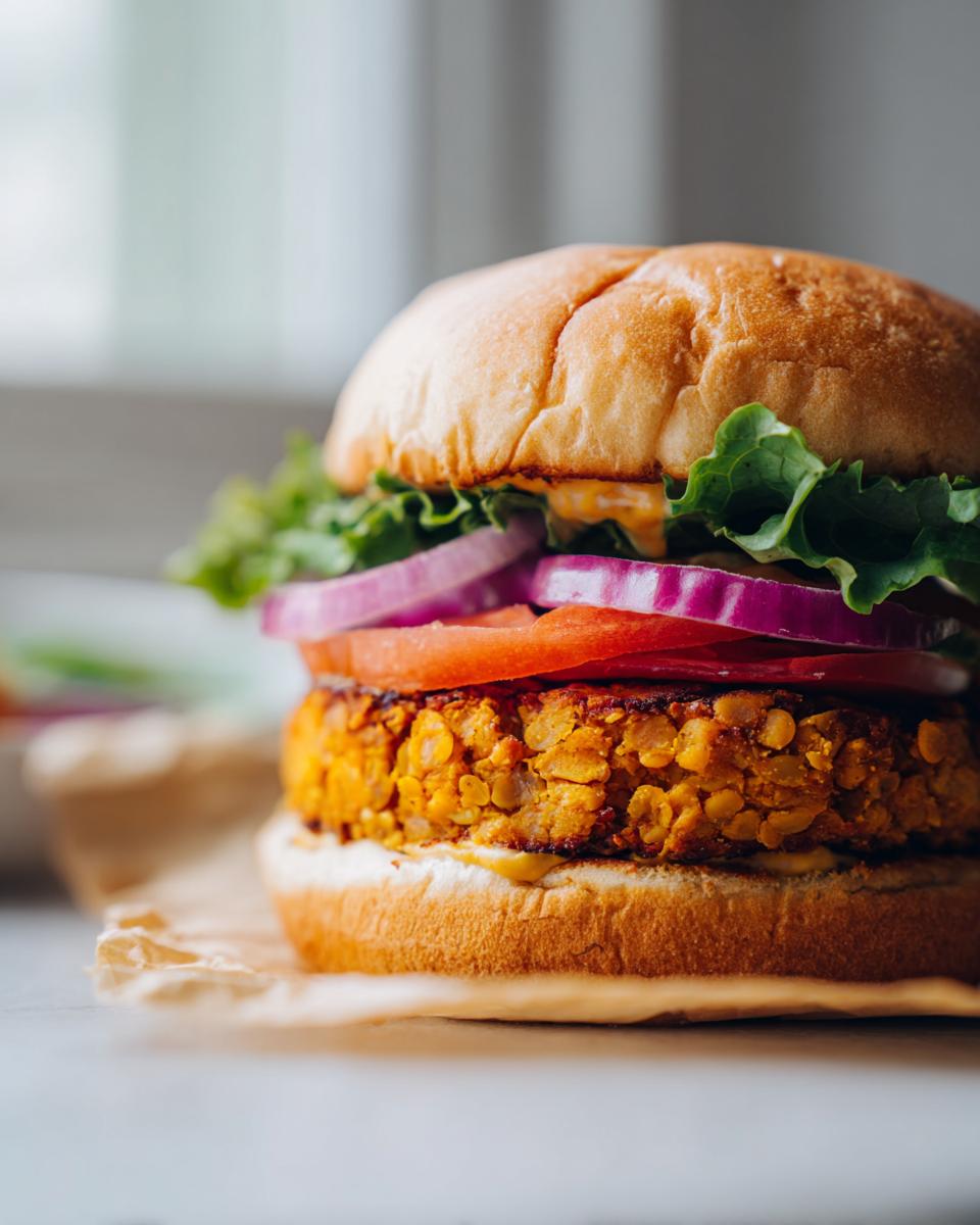 Sweet Potato Red Lentil Veggie Burger: 4 Tasty Bites 4 Close-up of a delicious sweet potato red lentil veggie burger with lettuce, tomato, and red onion.