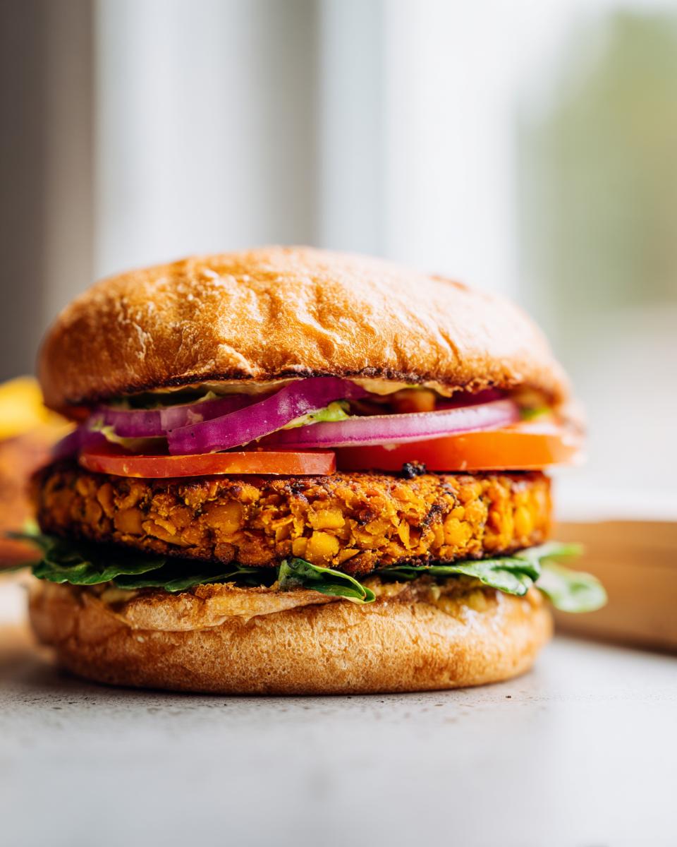Sweet Potato Red Lentil Veggie Burger: 4 Tasty Bites 5 A close-up of a delicious sweet potato red lentil veggie burger with fresh toppings.