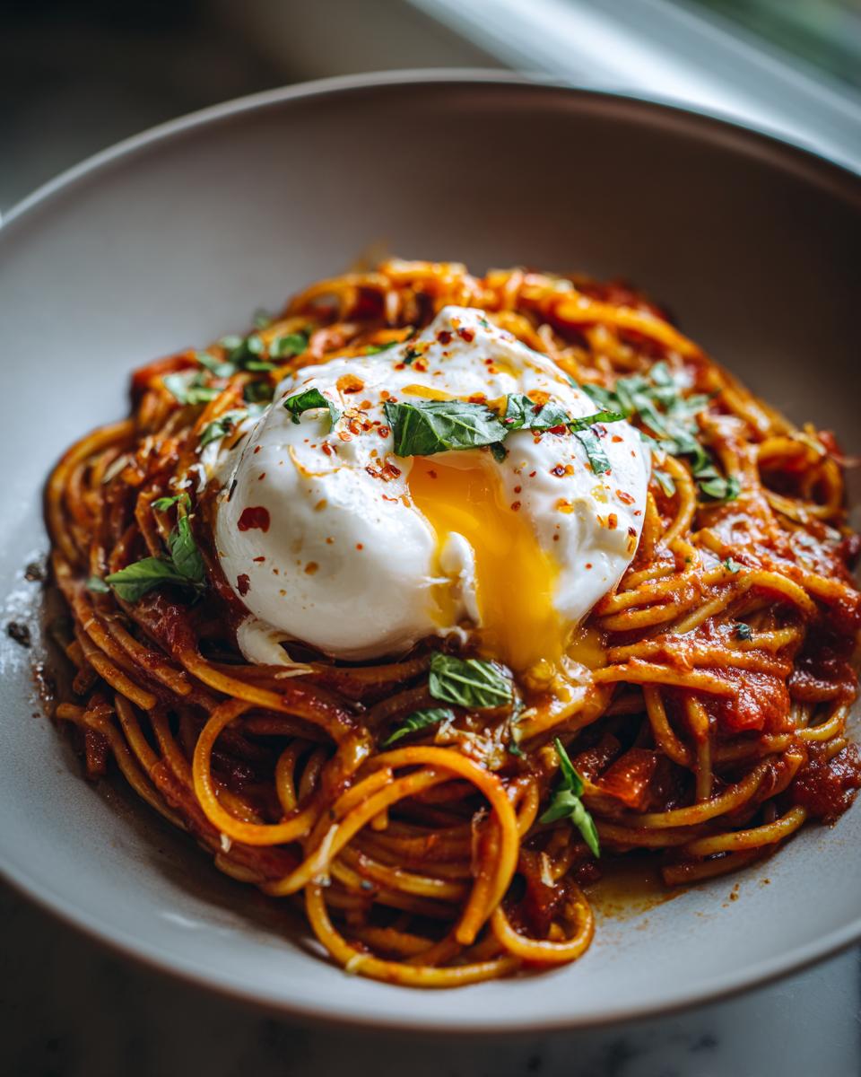 Close-up of Tomato Garlic Pasta with Burrata, featuring spaghetti topped with a creamy burrata and rich tomato sauce.