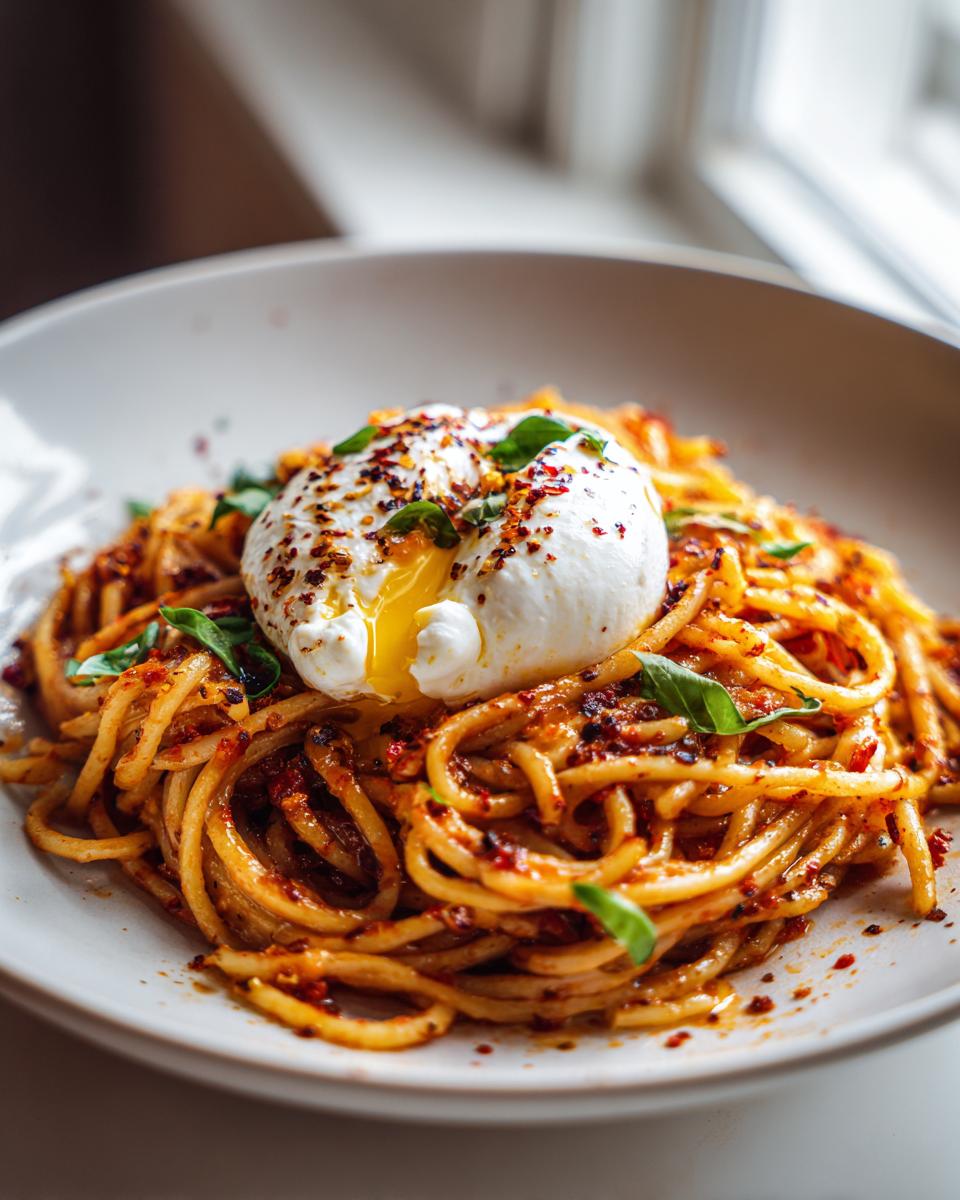 A close-up of Tomato Garlic Pasta with Burrata, topped with a perfectly poached egg with runny yolk and fresh basil.