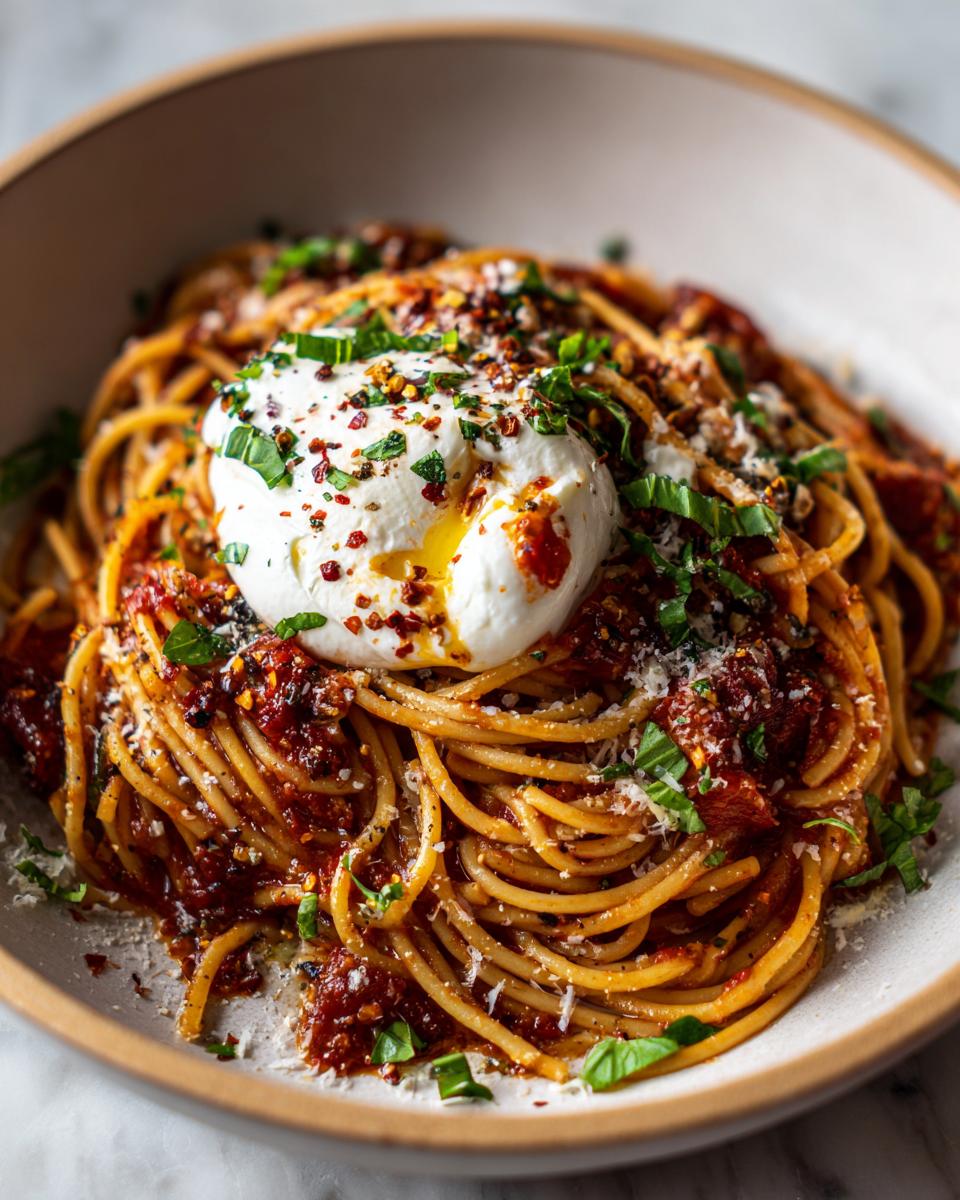 A close-up of Tomato Garlic Pasta with Burrata, topped with fresh herbs and chili flakes.