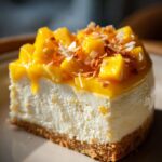 A delicious slice of Tropical Paradise Mango Cheesecake topped with fresh mango chunks and toasted coconut flakes.