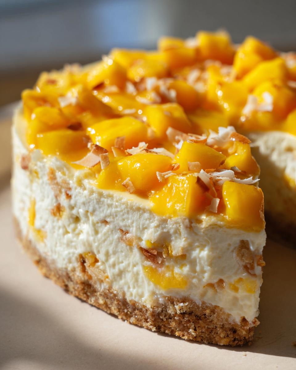 Tropical Paradise Mango Cheesecake: Easy & Delicious 4 A slice of Tropical Paradise Mango Cheesecake topped with fresh mango chunks and toasted coconut flakes.