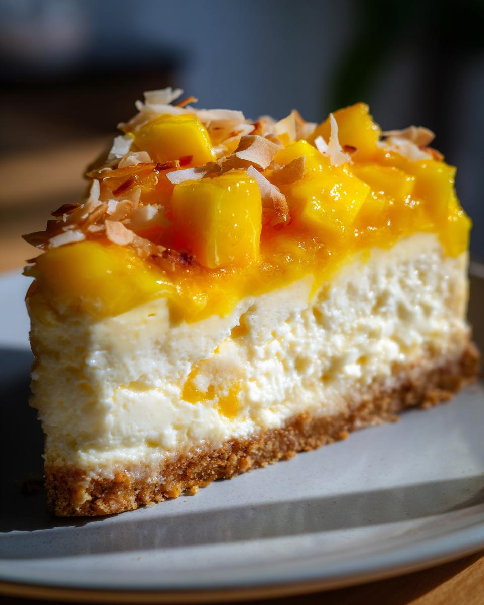 Tropical Paradise Mango Cheesecake: Easy & Delicious 5 A delicious slice of Tropical Paradise Mango Cheesecake topped with fresh mango chunks and toasted coconut flakes.