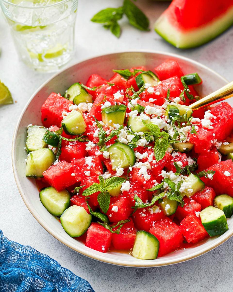 A vibrant bowl of Watermelon Feta Cucumber Salad with fresh mint leaves and a golden spoon.