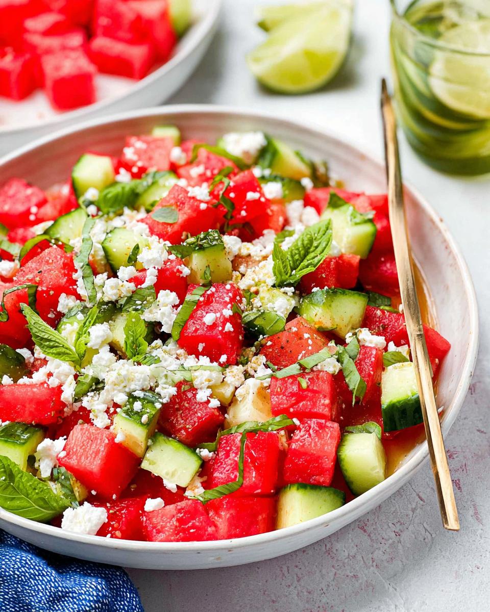 A vibrant bowl of Watermelon Feta Cucumber Salad with fresh mint and a hint of lime in the background.
