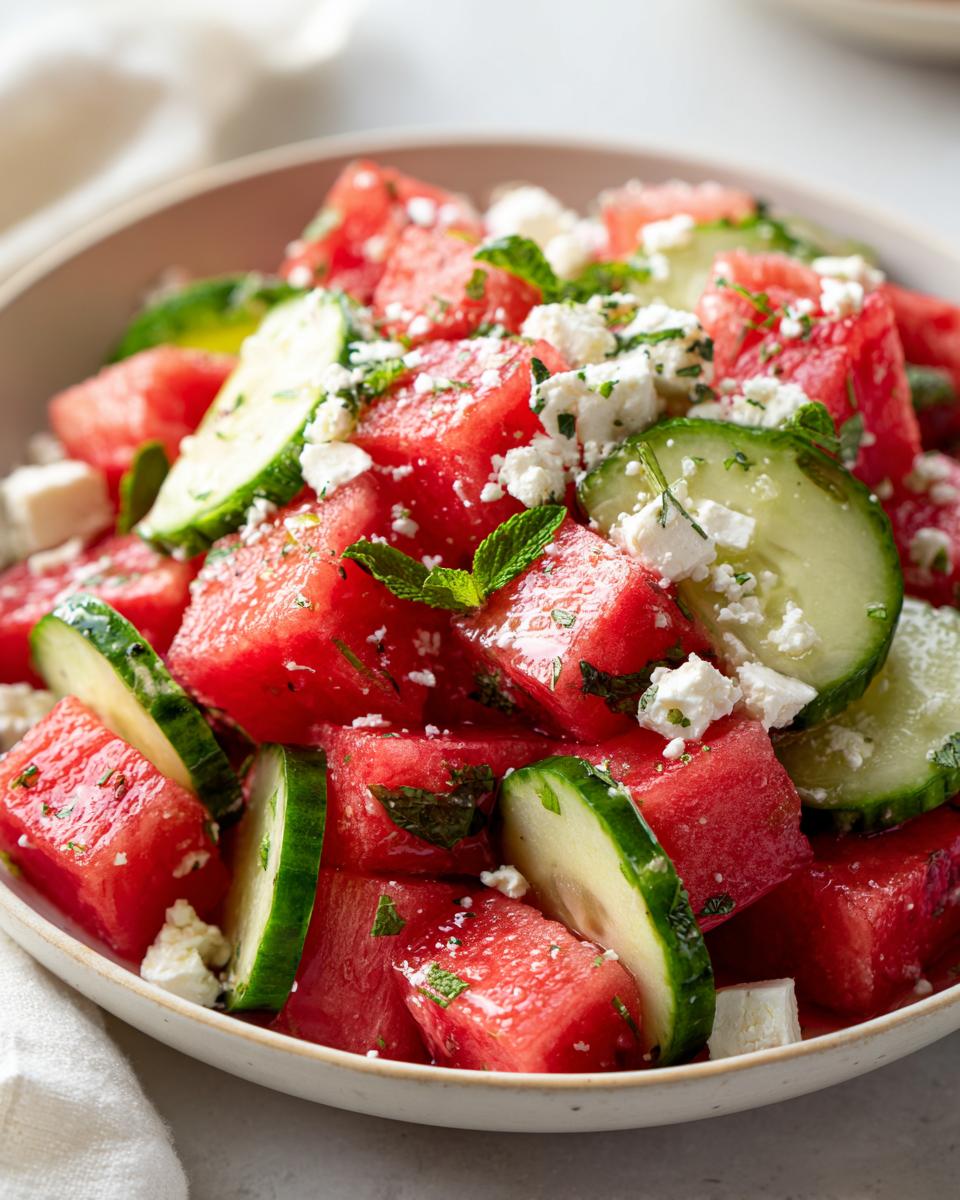 Close-up of a vibrant Watermelon Feta Mint Summer Salad in a bowl, featuring cubed watermelon, feta cheese, cucumber slices, and fresh mint leaves.