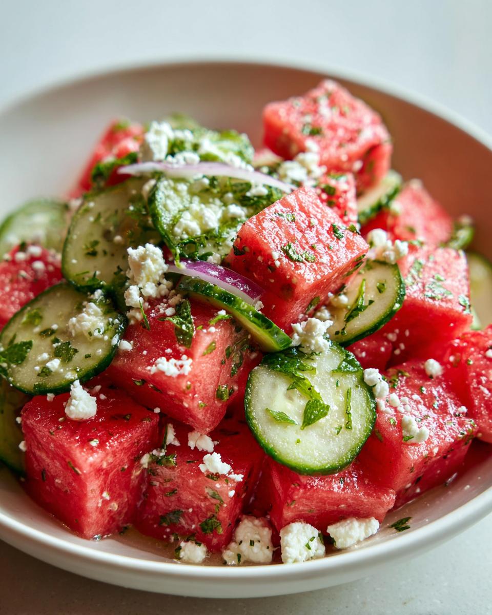 Close-up of a vibrant Watermelon Feta Mint Summer Salad with cubed watermelon, sliced cucumber, crumbled feta, and fresh mint.