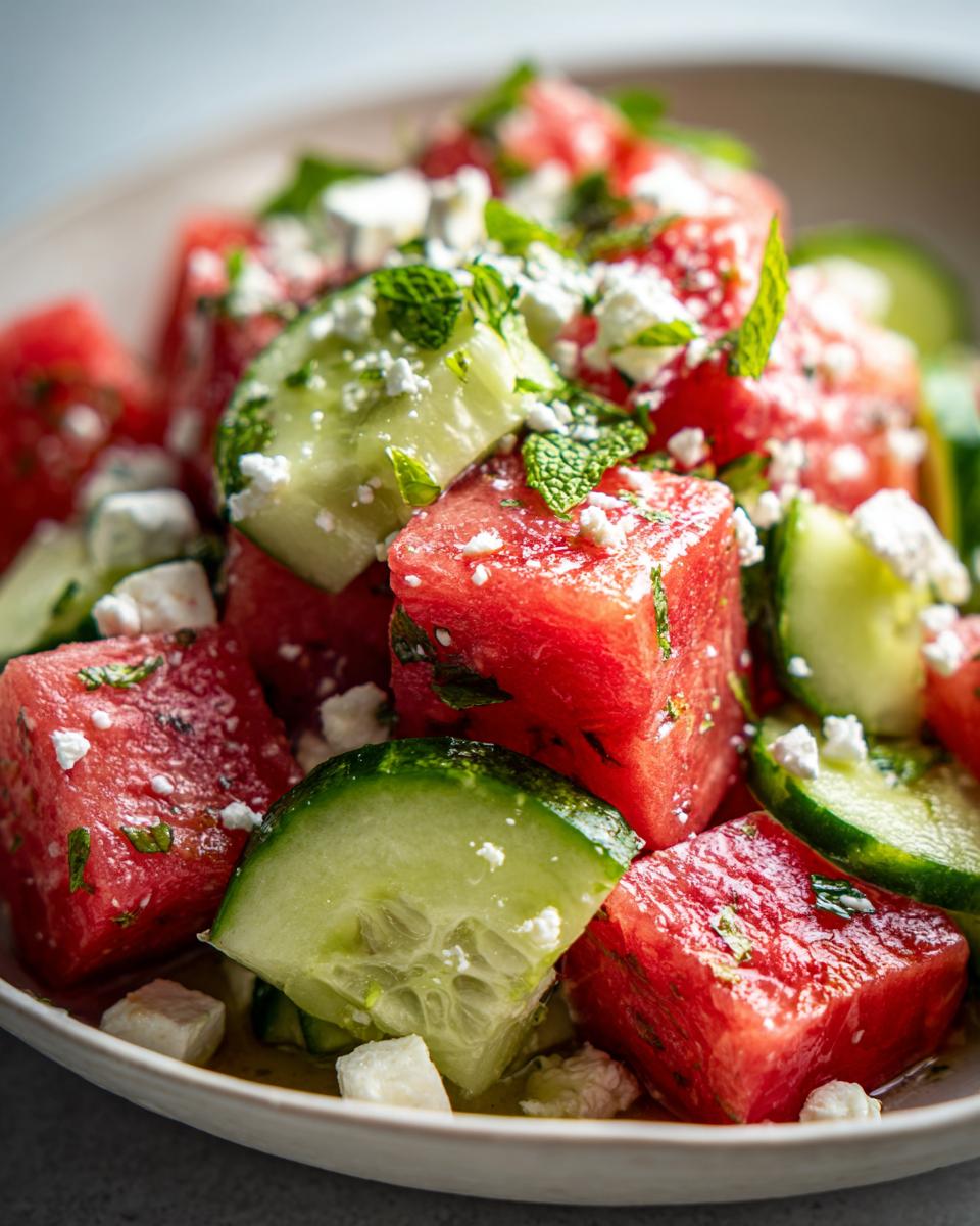 Close-up of a vibrant Watermelon Feta Mint Summer Salad with cubed watermelon, cucumber slices, feta cheese, and fresh mint leaves.
