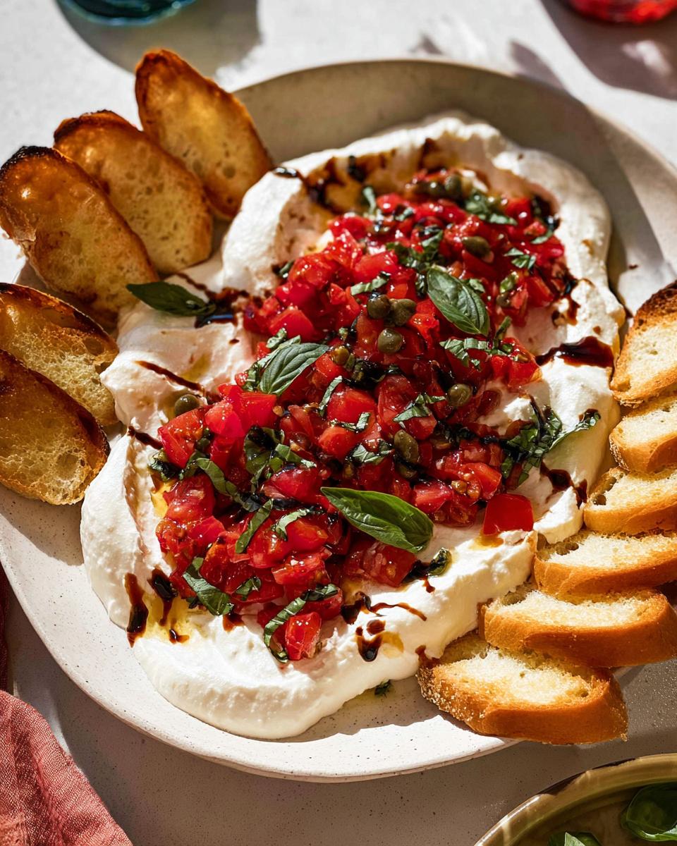 A creamy mound of Whipped Ricotta Bruschetta topped with fresh tomato basil and capers, served with toasted baguette slices.