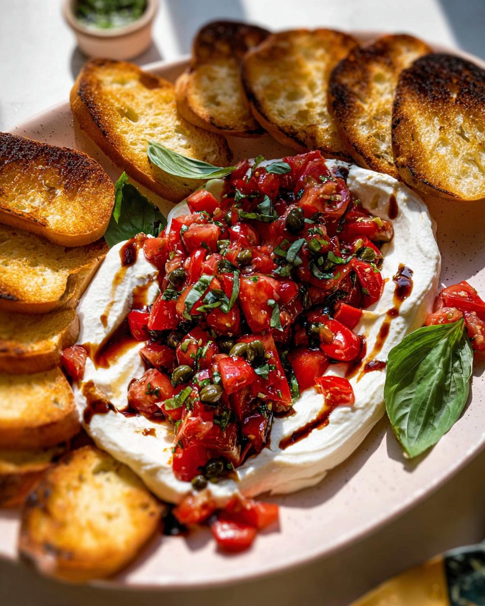 Whipped Ricotta Bruschetta served with toasted baguette slices, topped with fresh tomato basil mixture and balsamic glaze.