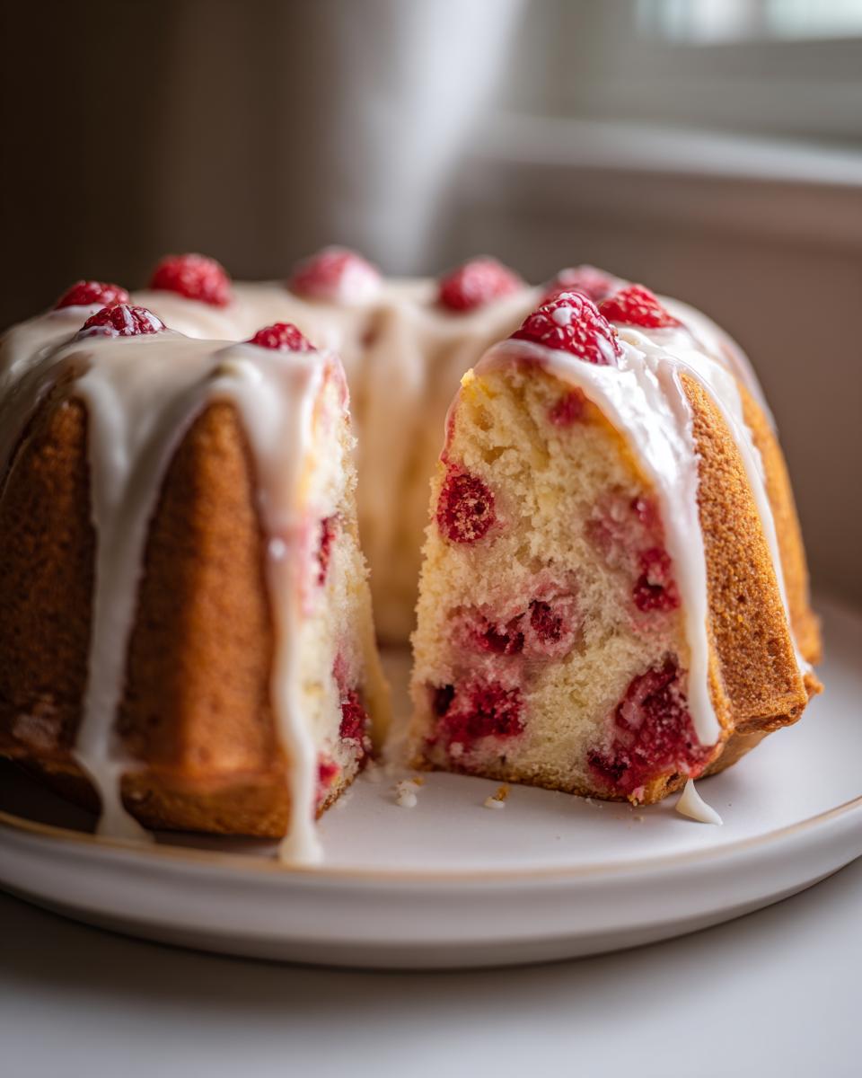 A slice of White Chocolate Raspberry Bundt Cake drizzled with white chocolate glaze and topped with fresh raspberries.