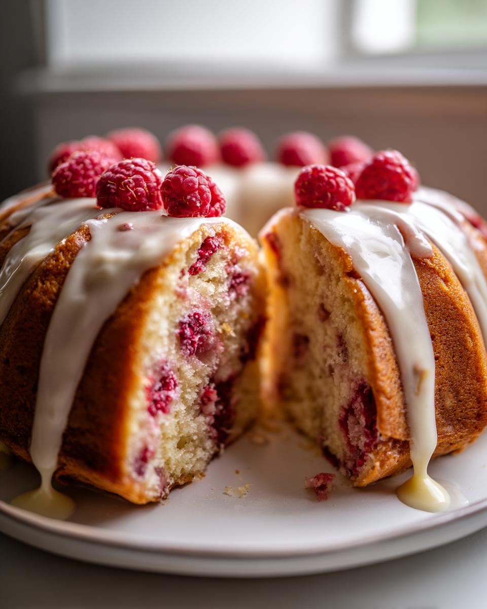 A slice of White Chocolate Raspberry Bundt Cake, topped with white glaze and fresh raspberries.