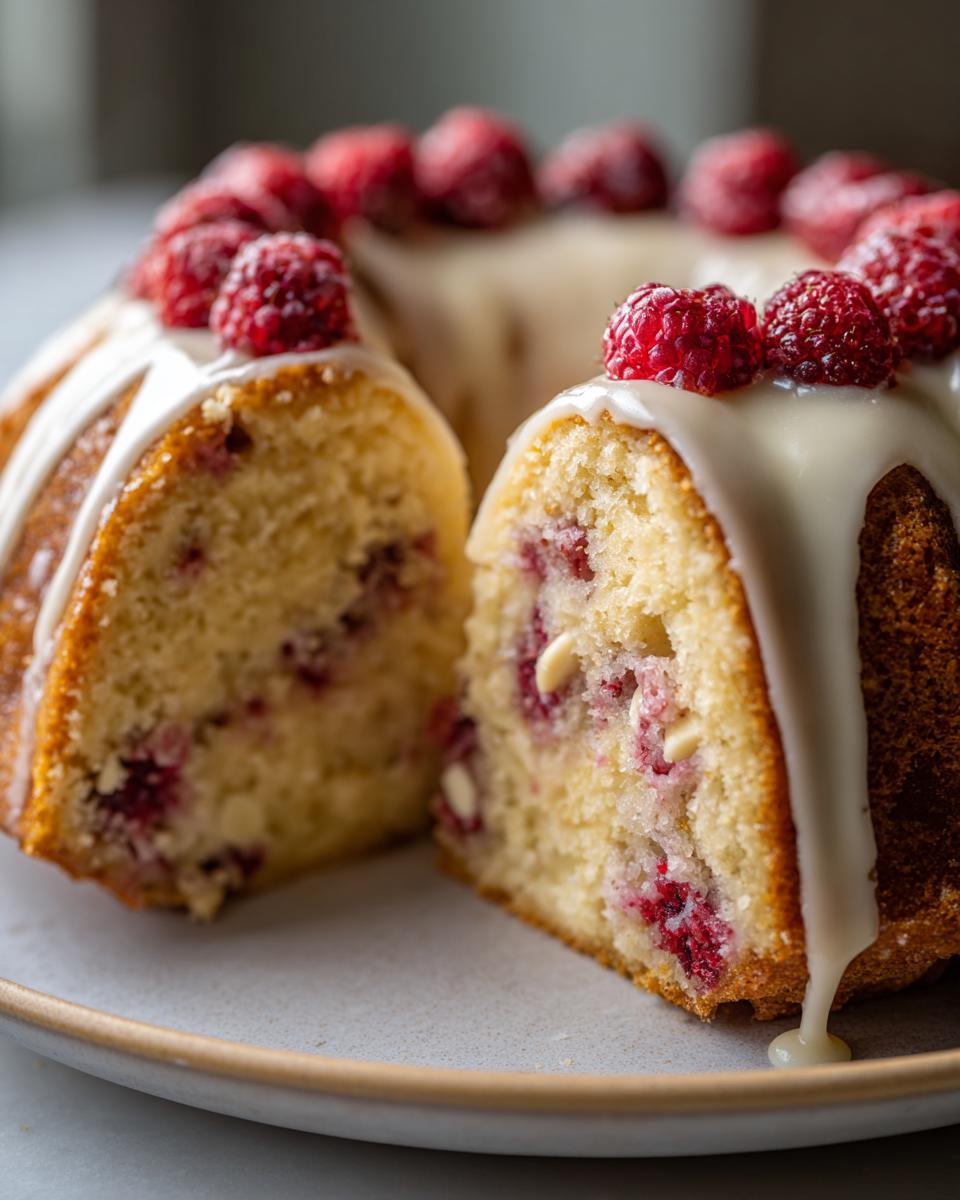A slice of White Chocolate Raspberry Bundt Cake topped with white glaze and fresh raspberries.